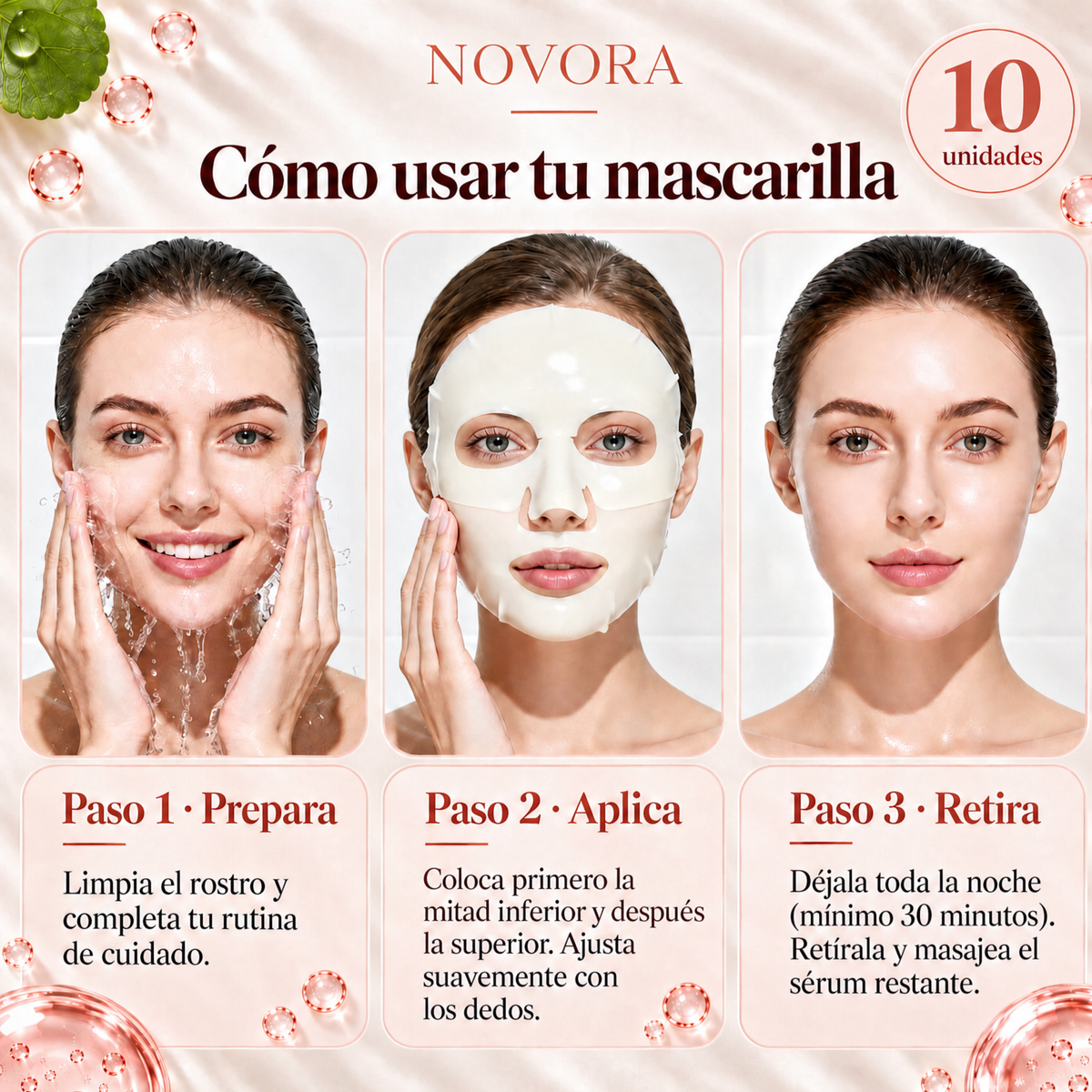 Cómo usar la mascarilla de Bio-Colágeno NOVORA en 3 pasos